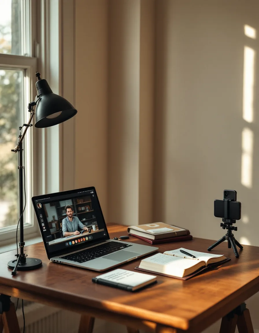A walnut writing desk under a tall window with a laptop on a paused video call, index cards of script beats, and an oxblood notebook