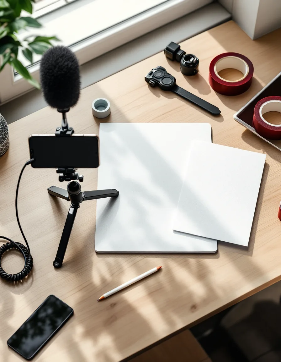 Overhead view of a phone on a small tripod, a clip-on microphone, a tablet, white foam board and a handwritten shot list laid out on an oak bench