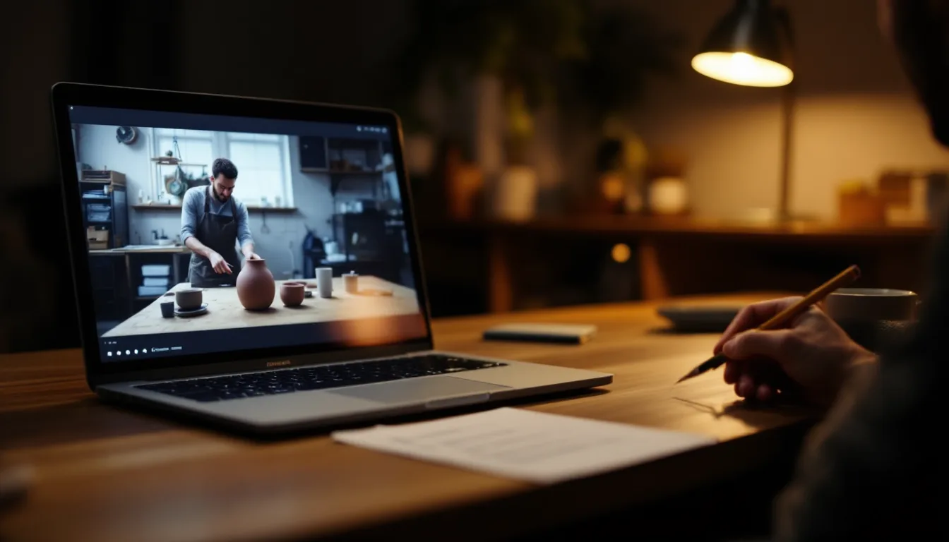 A laptop on a walnut desk showing a live video call of a maker’s workbench, with a pencil-ticked shot list beside it