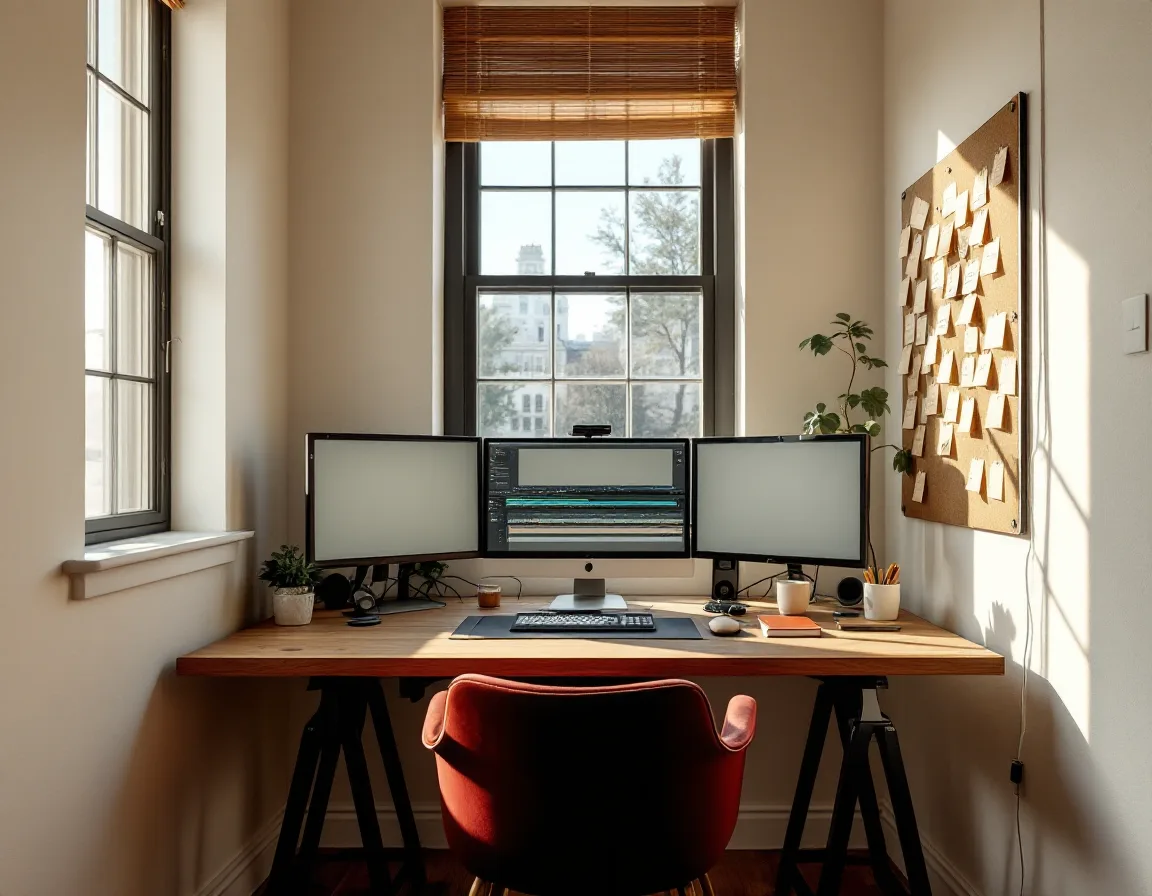 A tidy editing room with a walnut desk under a tall window, two monitors and a corkboard of timecoded index cards